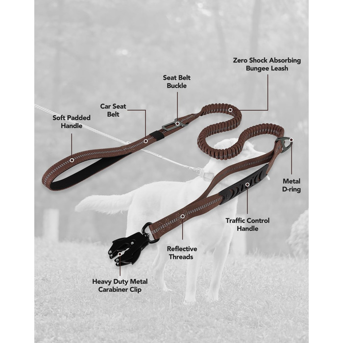 Тактична повідок для собак Joytale, еластична повідок з 2 м'якими ручками, страхувальний ремінь для автомобіля, повідок без натягу для собак середніх, великих та екстра-великих порід (1.2м-1.8м, коричнева)