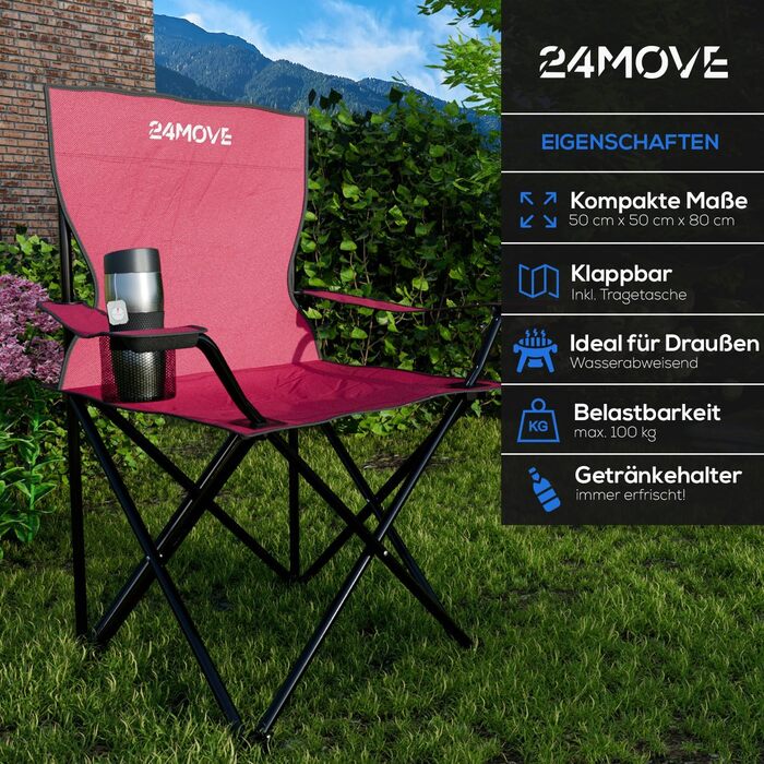 24MOVE® Набір з 2 шт. Складні стільці для кемпінгу, риболовлі та відпочинку на природі - стільці для риболовлі, саду, відпочинку, червоного кольору