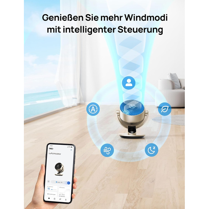 Dreo Lynx S Gold: Тихий розумний вентилятор для дому та офісу, 21 м, 4 швидкості, 5 режимів, таймер 12 год, осциляція