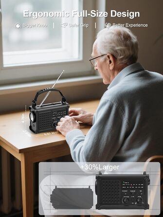 Радіо на сонячній енергії ROCAM 12000mAh з ручним генератором, AM/FM, LED ліхтарик, USB, SOS, IPX6, для кемпінгу та надзвичайних ситуацій (Чорний)