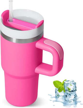 Термокружка ZAKVOP 410мл з трубочкою, кришкою та ручкою, рожева | Термокружка для кави та напоїв на виніс