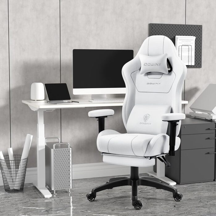Ігровий крісло Dowinx з тканиною та кишеньковим пружинним подушками, ергономічний ігровий крісло з функцією масажу, велике та високе комп'ютерне крісло з підніжкою XXL, білий, Komf-AL