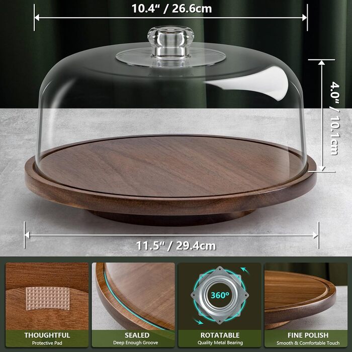 Тортене плата ANBOXIT з підставкою, тортовий стійка з кришкою, плата для тортів з акриловим покриттям, дерев'яна тортене плата з кришкою, акрилова кришка, обертова