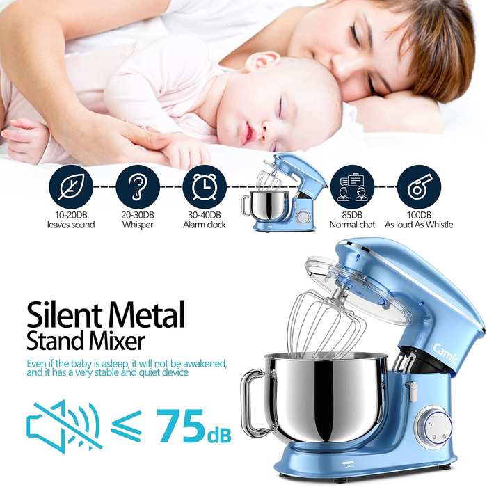 Stand Mixer Dough Mixer Camic 1500W 8L Stand Mixer Mixing Appliance Multifunction Mixer Quiet, Powerful, and Professional, 6 Speeds with Pulse, Stainless Steel Bowl (Black)