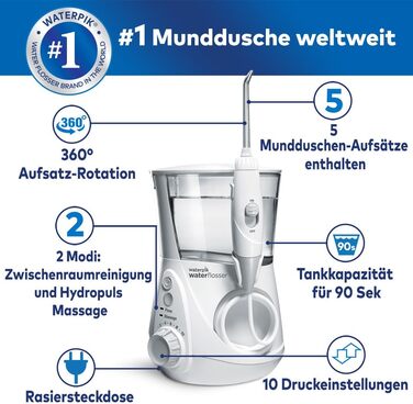 Waterpik Ultra Professional: Іригатор для порожнини рота, тестування 2024, технологія Precision Pulse, сертифікат TÜV, видалення нальоту до 99,9%, 6 насадок, 10 режимів, таймер, білий