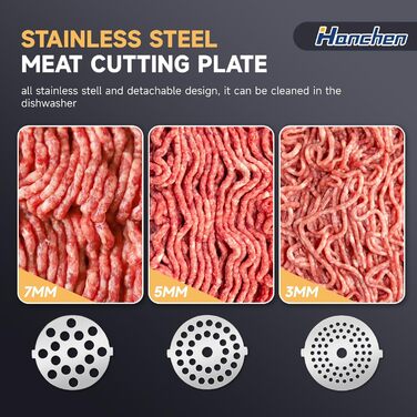 М'ясорубка електрична Hanchen 4-в-1 з насадками для ковбас та печива, 3 диски (3.5/5/7 мм), нержавіюча сталь