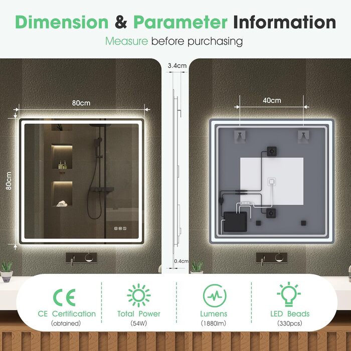 Дзеркало для ванної кімнати S'bagno з підсвічуванням 100x70 см, LED, з пам'яттю, антизапар, 3000K/4000K/6500K, регулювання яскравості, HD загартоване скло, IP44, Bluetooth (M55), горизонтальне/вертикальне