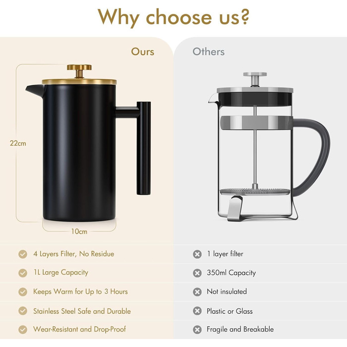 Enfmay French Press Coffee Maker, 1L Stainless Steel French Press with 4 Filters and Spoon, Detachable, Easy to Clean, Stainless Steel Insulated Coffee Pot Thermos for Home, Travel and Camping, Silver 1000ML Silver