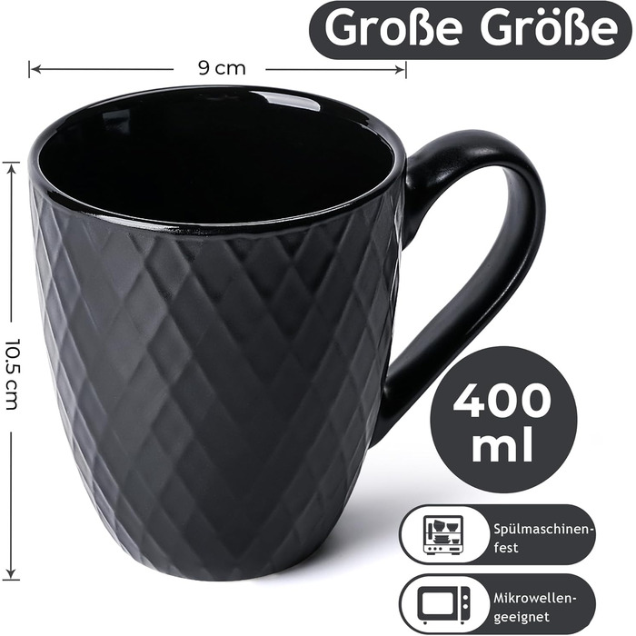 MIAMI – 6 x 400 ml – Coffee Cup Set/Mugs – Modern Matte Ceramic Cup – Large Coffee Cup – Palmanova Collection (Black)