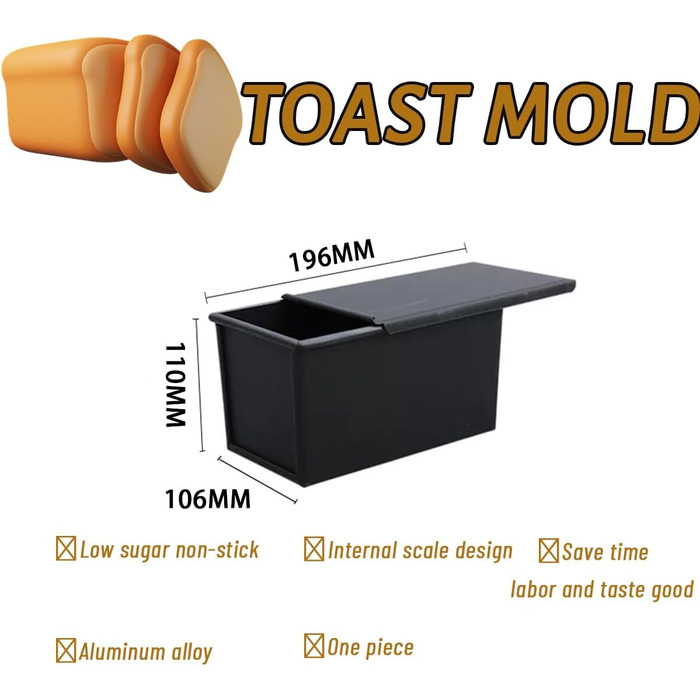 Baking sheet with lid, rectangular loaf pan made of aluminum steel with non-stick coating for bread, cake, and toast, bun baking pan multifunctional, lightweight, easy to release for baking and roasting. 19.6*10.6*11cm