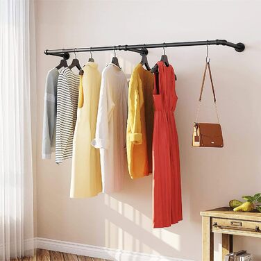 Wall-Mounted Clothes Rack 200cm Pipe Clothes Rail Industrial Style Wall Hangers Detachable Metal Clothes Rod Wardrobe Rail Bedroom for Hallways Living Room Bedroom
