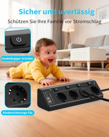 Мережевий адаптер з захистом від перенапруги Eck з USB-C, 6 розеток, 2м кабель (4000W, 16A), розподільний блок для кухні, офісу (4 розетки, чорний)