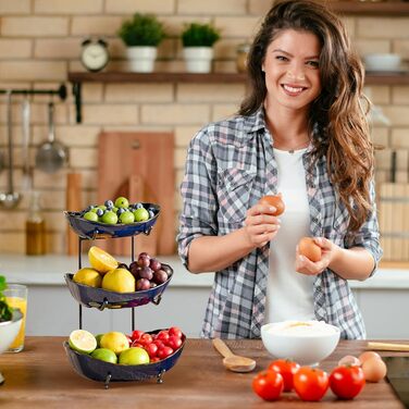 DUJUST Трирівнева етажерка для фруктів з кераміки, 3 яруси, сучасний дизайн, обпалена глазур, для кухні, зберігання фруктів, стабільна, придатна для миття в посудомийній машині