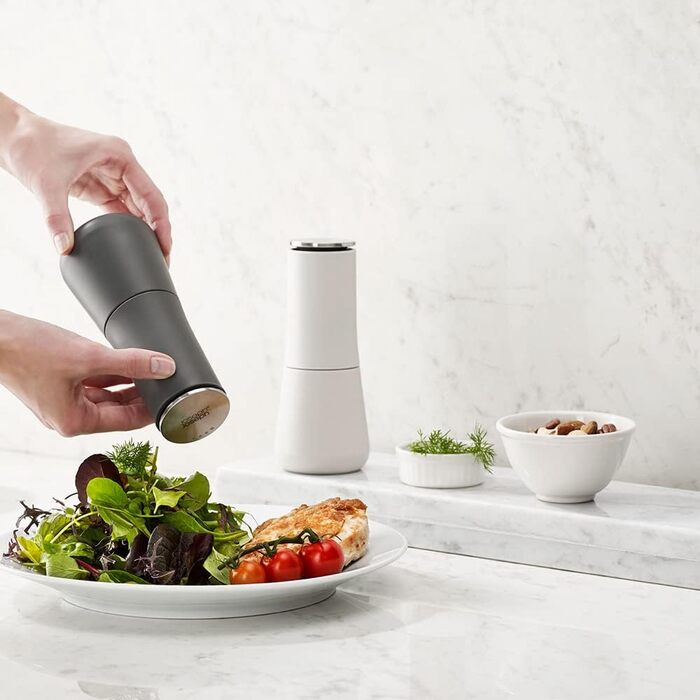Joseph Joseph Milltop – Leak-Proof Salt and Pepper Grinder Set, Refillable with Ceramic Grinder - White/Gray