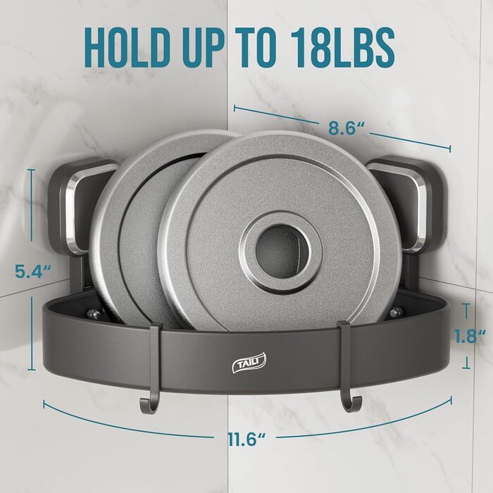 Поличка для душу TAILI без свердління, регульована, набір 2 шт., аксесуари для душу з гачками, нержавіюча сталь, чорний, органайзер для кухні, ванної кімнати, сріблястий