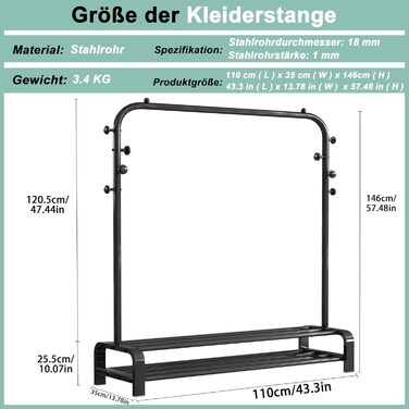 Clothes Rack, Coat Rack Stable Clothes Rail with 6 Hooks and 2 Shoe Shelf Storage Shelf, Bedroom Clothes Rack Freestanding Clothes Rail, Black