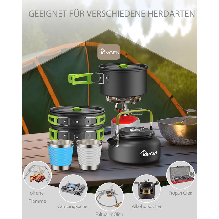 Набір кухонного посуду для кемпінгу Homgen: каструлі та сковорідки з алюмінію, легкий, для 2-3 осіб, з сумкою для зберігання, підходить для кемпінгу, пікніків, походів