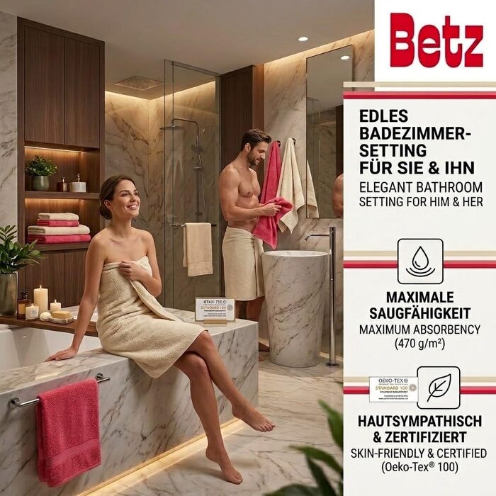 Набір рушників Betz Premium 12 предметів, 100% бавовна, сертифікація Oeko-TEX, висока щільність, колір Пісочний/Малина