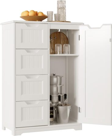 Bealife Bathroom Cabinet, Narrow Vanity Storage Cabinet with 4 Drawers, Cupboard Door, Adjustable Partition, Suitable for Bathroom, Living Room, Kitchen, Hallway