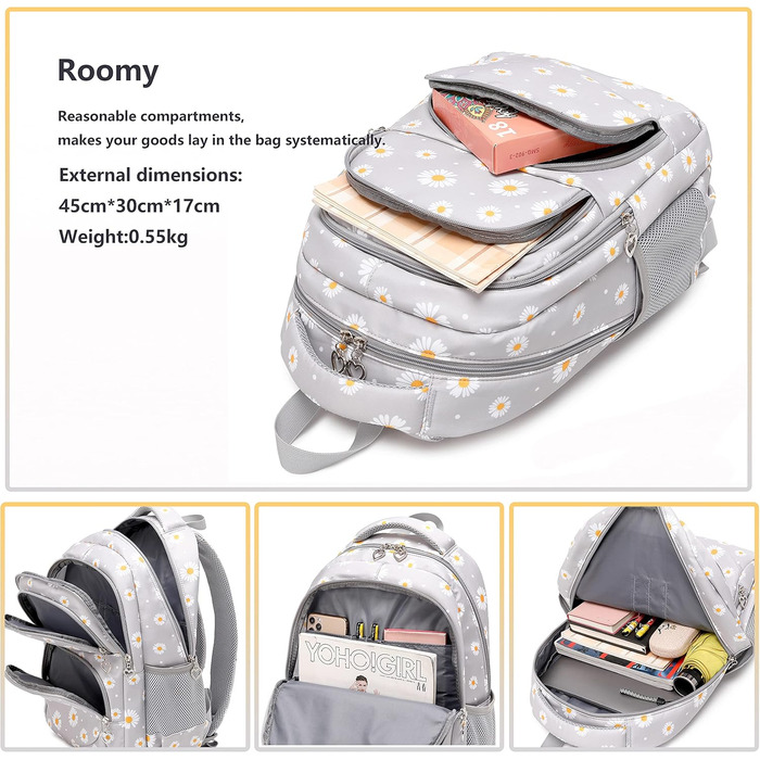 Шкільний рюкзак для дівчаток-підлітків, вінтажний рюкзак-сет, квітковий дизайн, рюкзак для ноутбука, шкільні сумки для жінок, школа, подорожі, з ланч-пакетом та пеналом 3 в 1, сірий