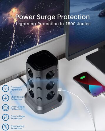 Мережевий фільтр KOOSLA з 12 розеток, 6 USB-портами, захистом від перенапруги, індивідуальним керуванням, 2м кабель, чорний