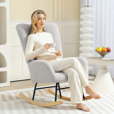 HOMCOM Rocking Chair, Rocking Armchair with Armrests, Teddy Velvet-Look, Relaxing Chair with Wooden Skids, Swivel Chair Silent Chair for Bedroom, Living Room, Light Grey | Aosom