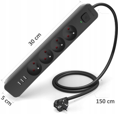 Мережевий фільтр (подовжувач) з 3 USB-портами, вимикачем та захистом від перенапруги, 1.5 м