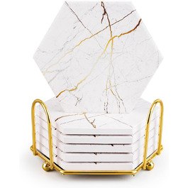Marble-Style Coasters, Set of 6 - Drink Coasters for Wood Table with Metal Holder - Gold-Colored Ceramic Cup Set - Rustic Home Decor, Room Decor, Party (Luxury White Gold Marble 05)
