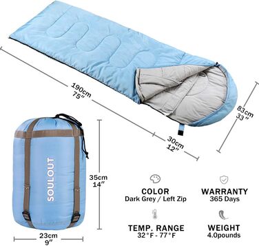 SOULOUT 3-4 Season Sleeping Bag - Waterproof Lightweight Sleeping Bag for Camping, Travel & Outdoor Activities - Ideal for Adults & Kids - 220 x 83 cm (Sky Blue / Left Zip)