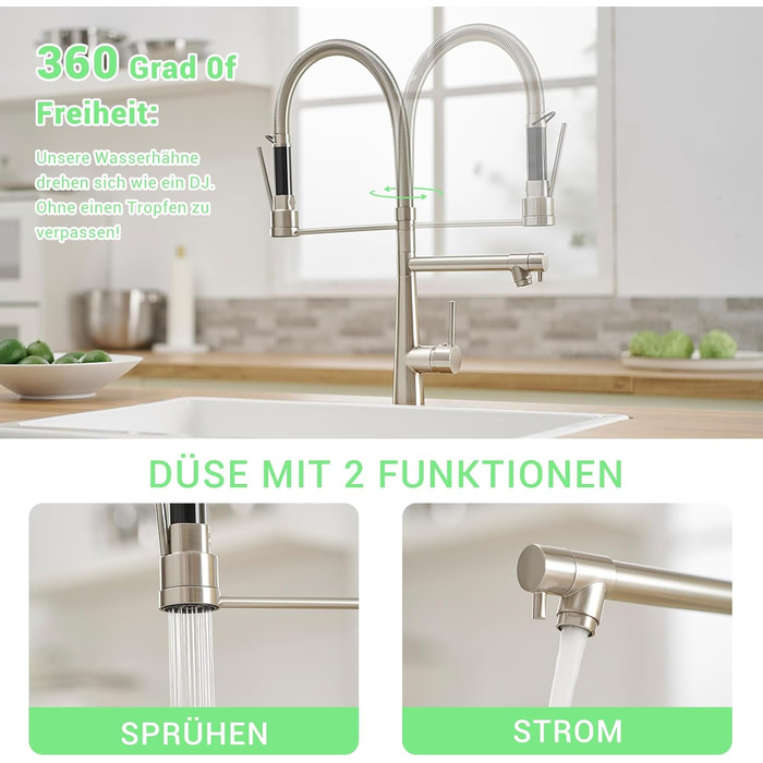 LED кухонний змішувач зі спіральною пружиною, 360° обертання, двотрубний, висувний, для кухні, з душем, високий тиск, нікель, LED, матовий нікель
