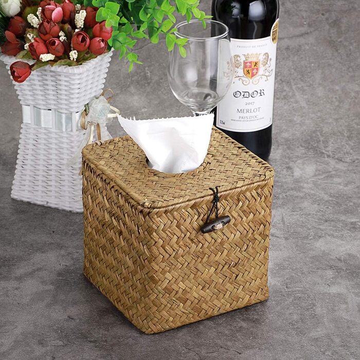 BSTKEY Household Cube, Seagrass Face Towel Box, Decorative Woven Paper Holder, Original Color, Yellow, 35.6 x 35.6 x 33 cm