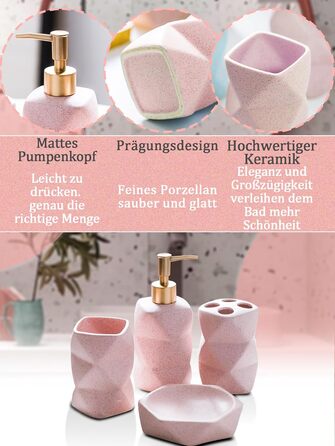 Набір для ванної кімнати 4 предмети, кераміка, рожевий: дозатор для мила, мильничка, стакан для зубних щіток, підставка для зубних щіток - декор для ванної