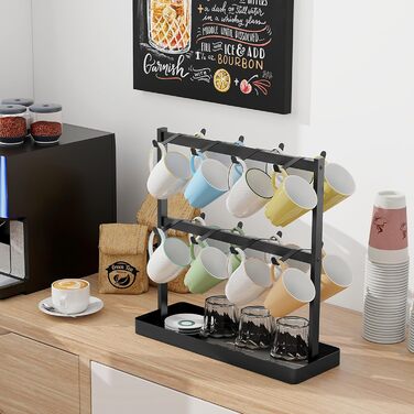 YUMORE Mug Holder with 16 Hooks, Metal Coffee Cup Holder with Storage Bottom, Coffee Mug Holder, Cup Rack for Kitchen, Dining Room, Cafe Counter, Black, 42 * 15 * 41.5cm