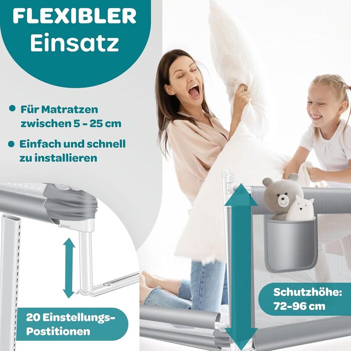 Захист для ліжка KESSER® 200 см: сітка для дитячого ліжка, захист від падіння, складна, сіра, з сумкою