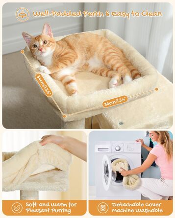 PETEPELA Scratching Post with Dual Condos for Apartment Cats, All-in-One Cat House with Padded Perch, Scratch Ramp and Post, and Replaceable Balls Beige