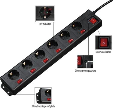 Розподільник розеток Hama з індивідуальним керуванням, захистом від перенапруги, 6 розеток, поворот на 90°, чорний, 1.4м кабель