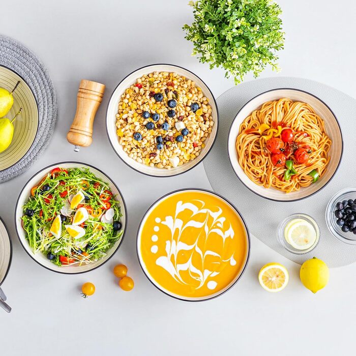 Набір тарілок для супу Vancasso Bonbon (6 шт.), кераміка, 21.7 x 5.5 см. Глибокі тарілки для супу, пасти, рамену, салату. Можна мити в посудомийній машині та використовувати в мікрохвильовці. Бежевий колір.