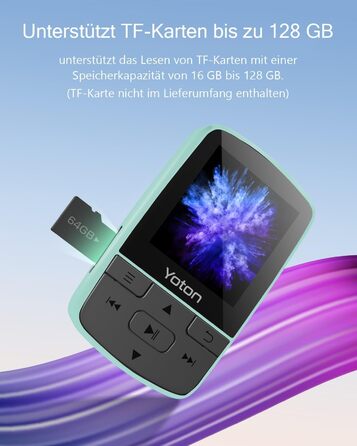 MP3-плеєр YOTON з Bluetooth 5.2, Hi-Fi звук, FM-радіо, диктофон, регулятор гучності, навушники, підтримка SD до 128 ГБ (М'ятний)