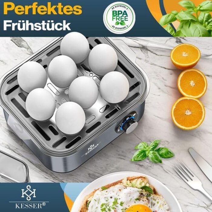 Електричний яйцеварка KESSER® на 1-8 яєць з нержавіючої сталі, 500W, з функцією підігріву, LED-регулятор, 3 ступені нагріву, BPA-Free, придатний для миття в посудомийній машині, мірний стакан, тримачі для яєць та форма для омлету, колір: антрацит