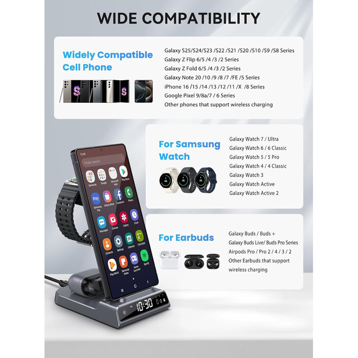 Бездротовий зарядний пристрій 3-в-1 для Samsung Galaxy S25 Ultra, Watch 8/7/Ultra, Buds, сірий колір