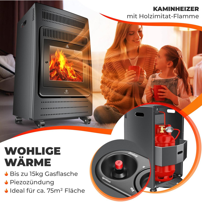 Газовий обігрівач KESSER® - газовий камін з інфрачервоним нагрівачем, 3.4 кВт, 2 режими, з газовим редуктором та шлангом, для бутану/пропану, антрацит