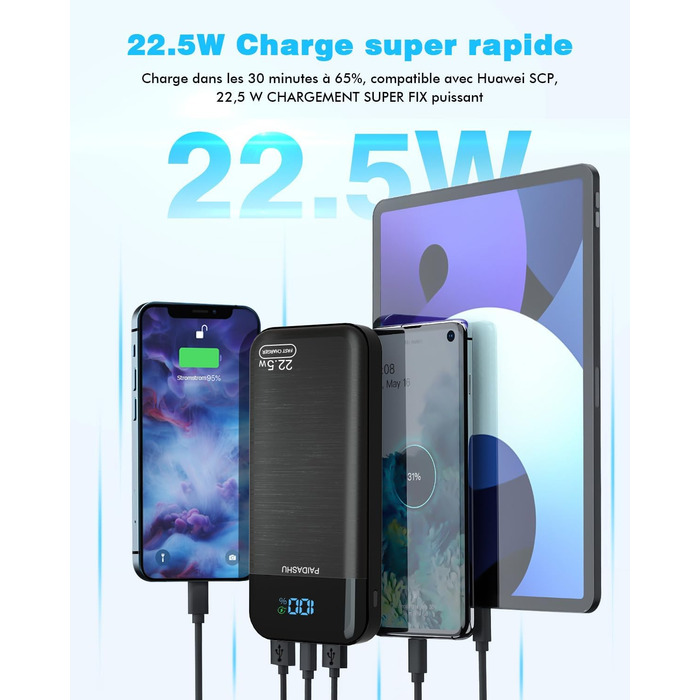 Портативний зарядний Power Bank 27000 mAh з LED дисплеєм, 3 виходами та 2 входами, 22.5W/PD20W, для зарядки смартфонів