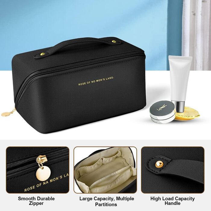 Чорна косметичка для подорожей з PU шкіри, велика місткість, водонепроникна, органайзер для туалетних аксесуарів