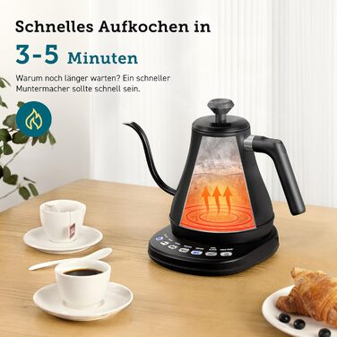 1.7 Liter Glass Kettle, Blue LED, BPA-free, 2200 Watt, 5-minute boiling time, overheat protection, 360° swivel base, Borosilicate glass kettle with stainless steel base and filter (Cosori Swan-neck Kettle)