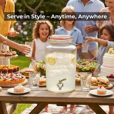 Скляний диспенсер для напоїв Smiths Mason Jars з нержавіючою сталею – 5 л, для вечірок та заходів на відкритому повітрі