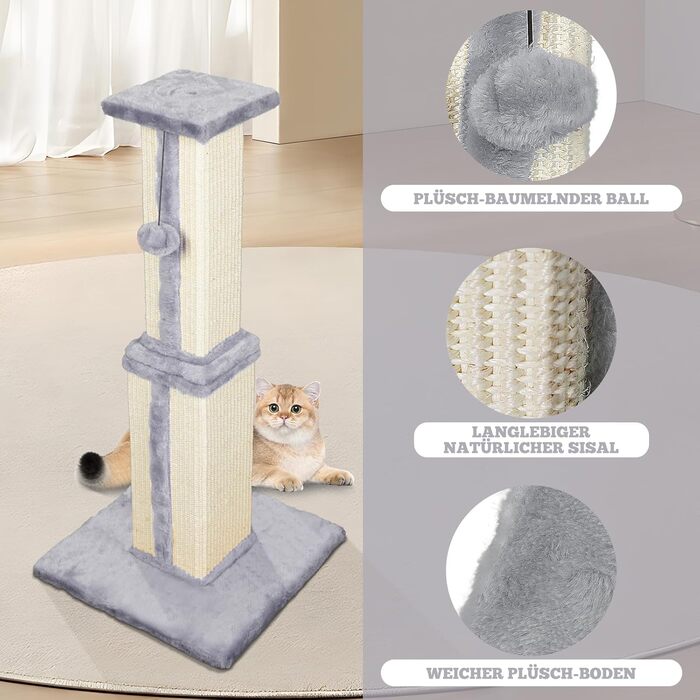 Kratzbaum, 31.5 inches (80cm) tall Scratching Post, Cat Tree, Scratching Log for Medium and Small Cats, Natural Sisal Scratching Post with Interactive Plush Ball, Beige