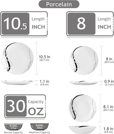 VEWEET Набір посуду 18 предметів на 6 осіб, порцеляновий сервіз, 6 тарілок для їжі, десертних та супових тарілок, сервіз Fiona