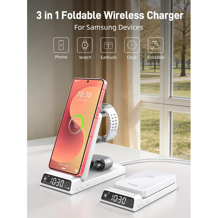 Бездротовий зарядний пристрій 3-в-1 для Samsung Galaxy S26/S25/Z Fold 7/Flip 7, Galaxy Watch 8/7/6/5 Pro та Buds 3/2 - білий