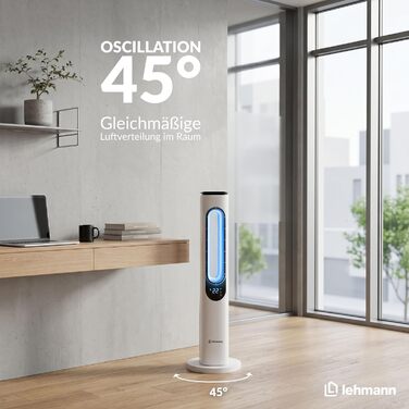 Вентилятор баштовий LEHMANN з пультом ДУ та LED-дисплеєм, тихий, нічний режим, таймер 15 год, 3 кольори світла, 3 режими, 3 швидкості, без лопатей