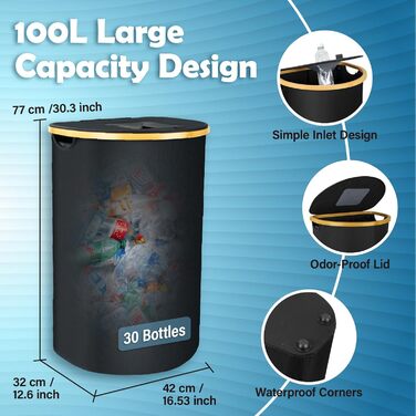 Deposit bottle collection container with lid & 2 removable carry bags, large deposit bottle storage, container for empties & glass recycling, kitchen pantry bottle bag (100L)